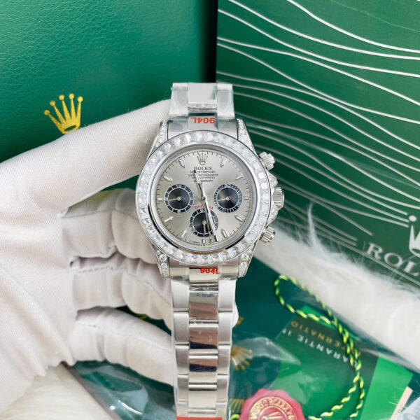 Đồng Hồ Rolex Daytona Nam Dây Kim Loại Đính Đá Baguette Fake Cao Cấp 40mm