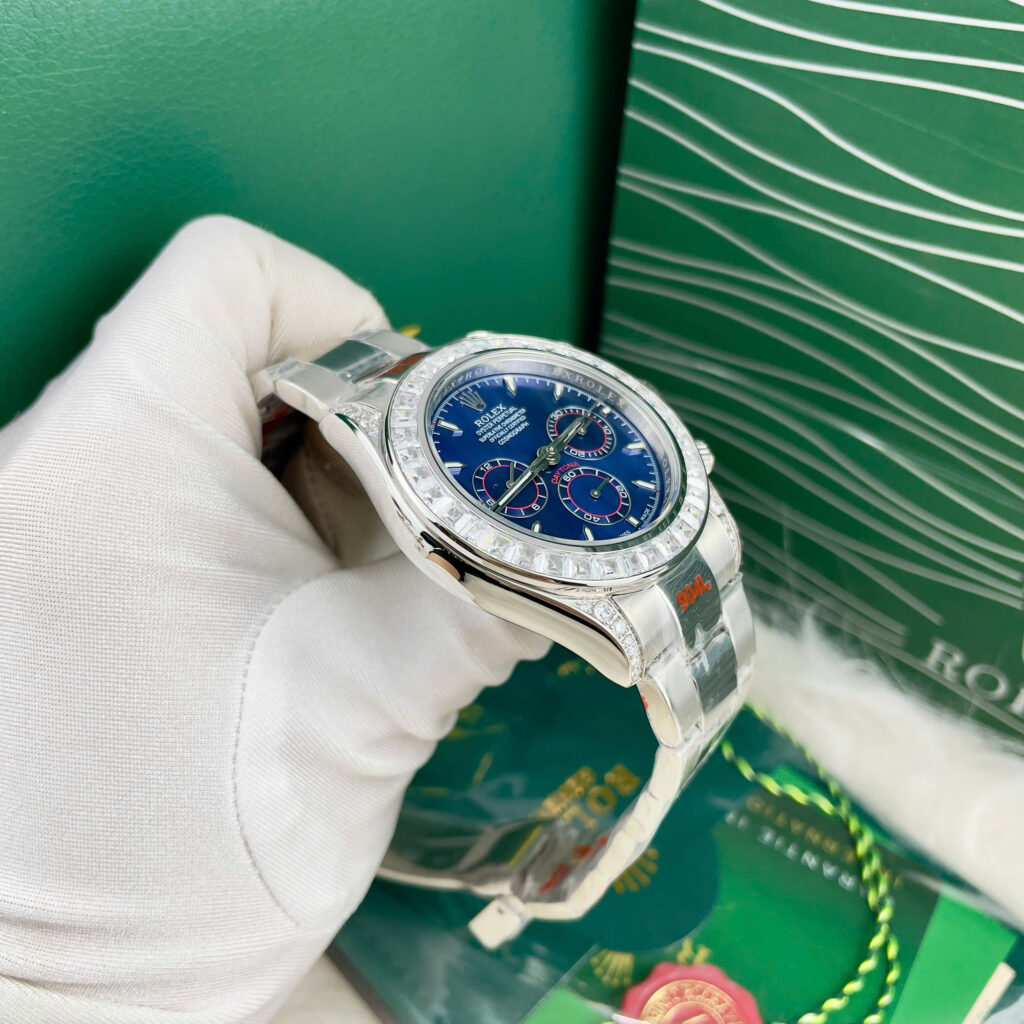 Đồng Hồ Rolex Daytona Nam Xanh Blue Đính Đá Baguette Fake Cao Cấp 40mm