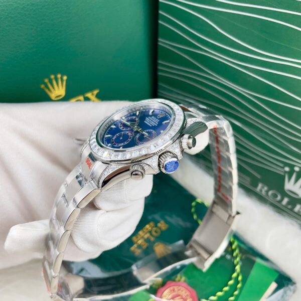 Đồng Hồ Rolex Daytona Nam Xanh Blue Đính Đá Baguette Fake Cao Cấp 40mm