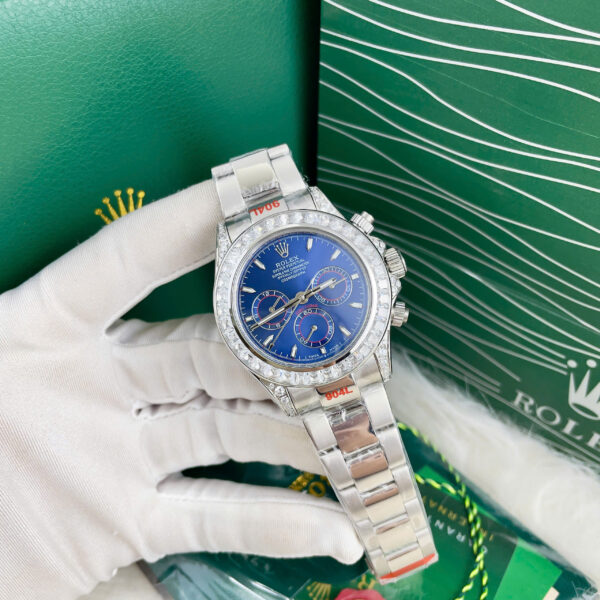 Đồng Hồ Rolex Daytona Nam Xanh Blue Đính Đá Baguette Fake Cao Cấp 40mm