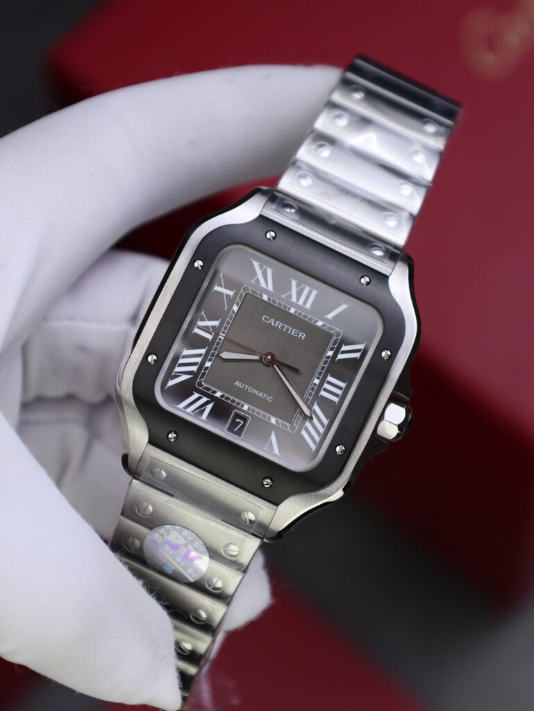 Đồng hồ Cartier Santos Rep 11 mặt xám viền gốm đen nhà máy BV 39 (2)