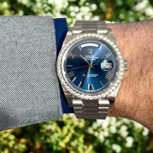 Đồng hồ Rolex Day-Date Fake 11 mặt xanh blue viền đính đá Swarovski 40mm (2)