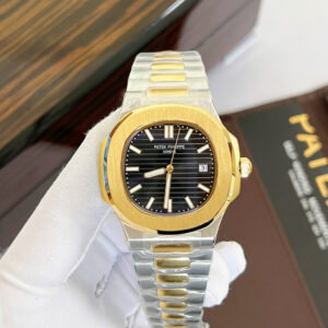 Đồng hồ Patek Philippe Nautilus Demi mặt đen máy cơ nhật fake cao cấp 40mm