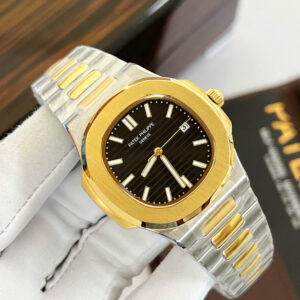 Đồng hồ Patek Philippe Nautilus Demi mặt đen máy cơ nhật fake cao cấp 40mm