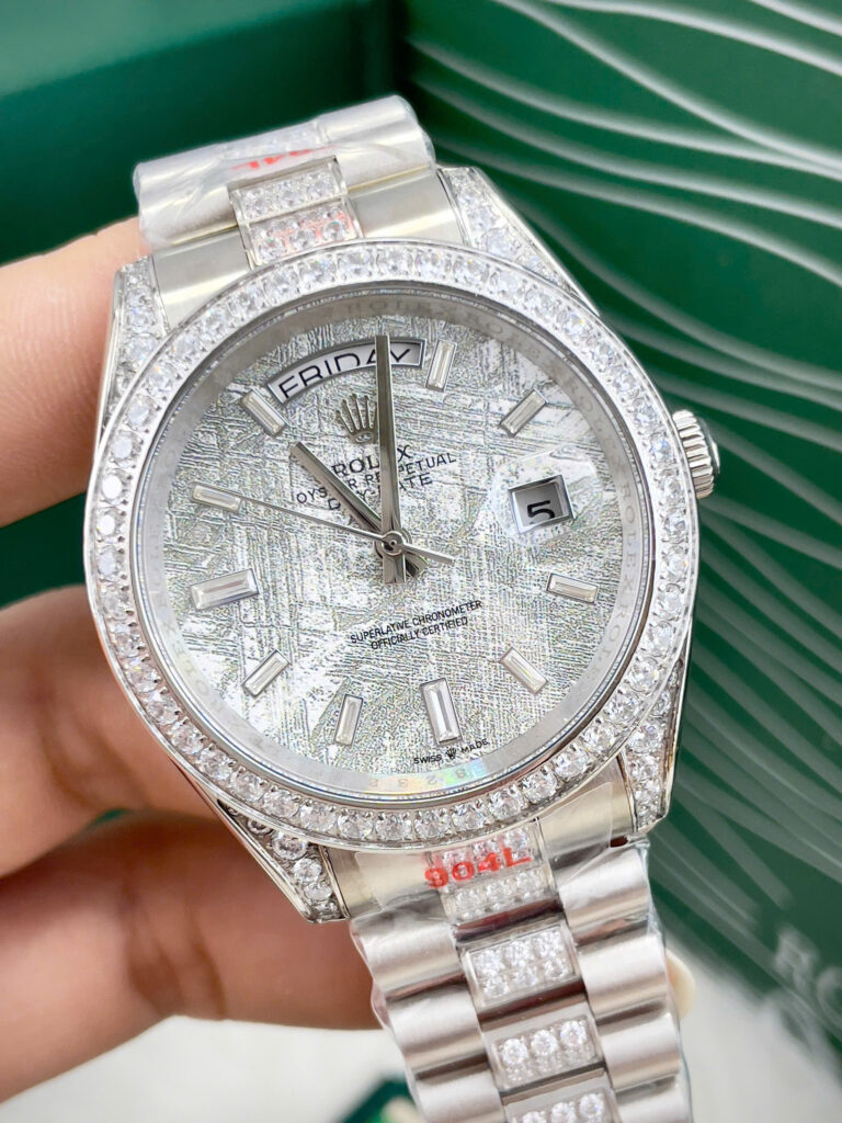 Đồng hồ Rolex Day Date nam mặt thiên thạch đính đá fake cao cấp 40mm