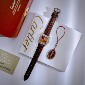 Đồng Hồ Cartier Panthere nữ đính đá dây da nâu fake cao cấp 27mm
