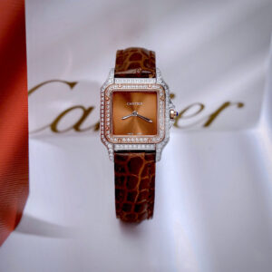 Đồng Hồ Cartier Panthere nữ đính đá dây da nâu fake cao cấp 27mm