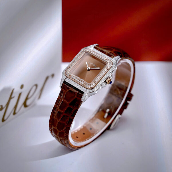 Đồng Hồ Cartier Panthere nữ đính đá dây da nâu fake cao cấp 27mm