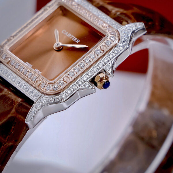 Đồng Hồ Cartier Panthere nữ đính đá dây da nâu fake cao cấp 27mm