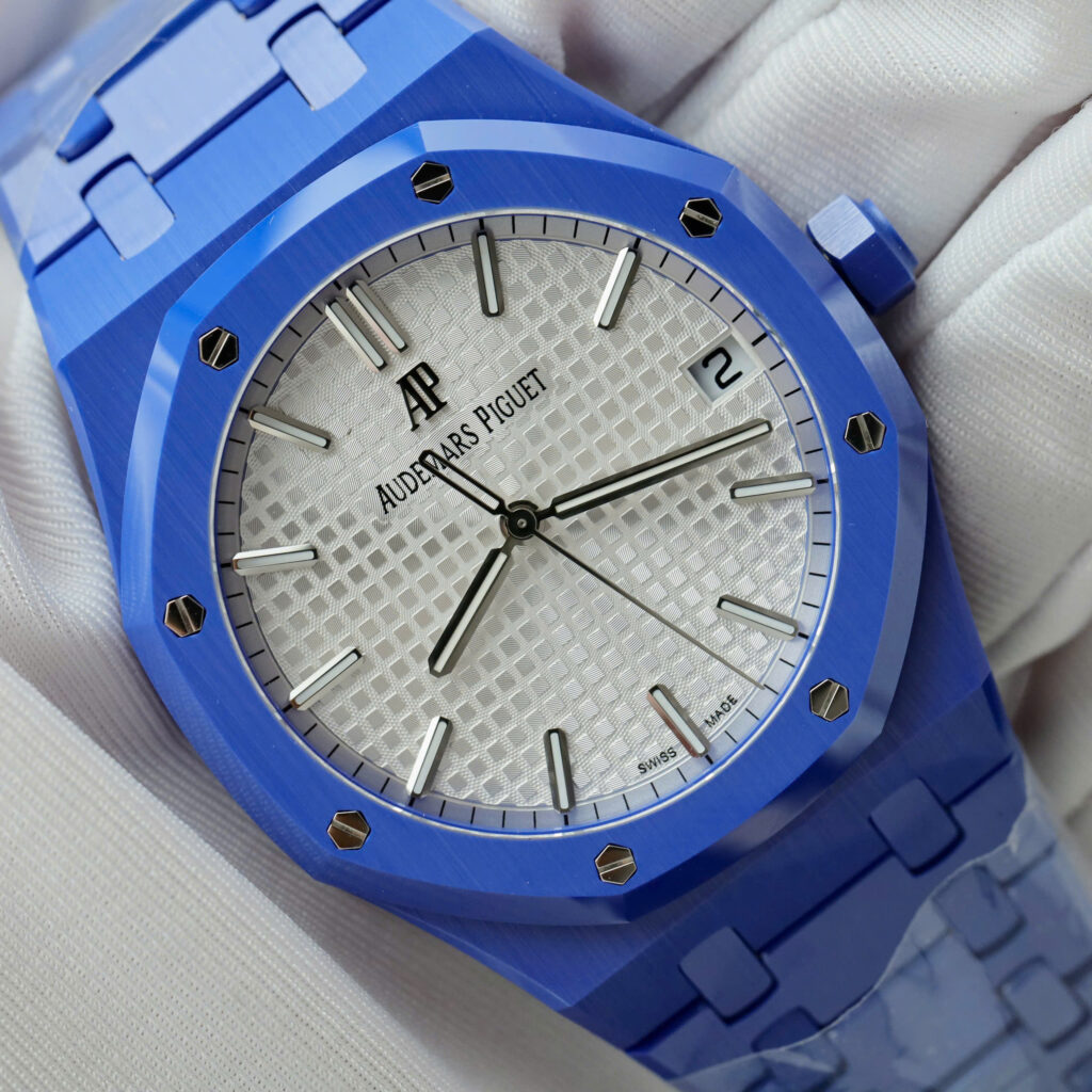 Đồng hồ Audemars Piguet Royal Oak 15500 Replica 11 vỏ gốm xanh mặt trắng xưởng APS 41mm (2)