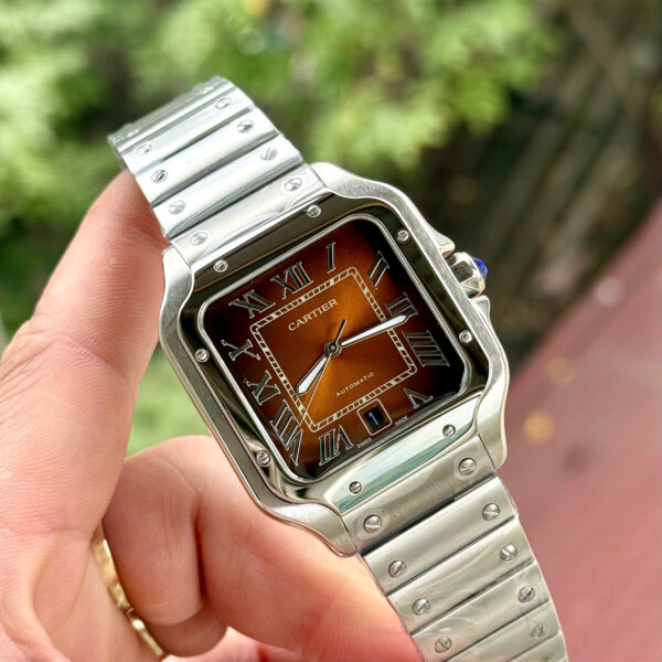 Đồng hồ Cartier Santos nam mặt chocolate máy cơ Nhật Fake cao cấp 40mm