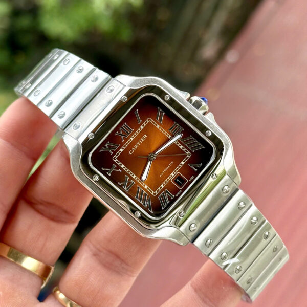 Đồng hồ Cartier Santos nam mặt chocolate máy cơ Nhật Fake cao cấp 40mm
