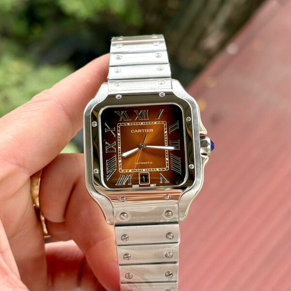 Đồng hồ Cartier Santos nam mặt chocolate máy cơ Nhật Fake cao cấp 40mm