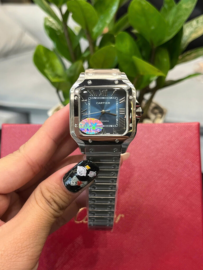 Đồng hồ Cartier Santos nữ dây kim loại mặt xanh blue fake cao cấp 35mm