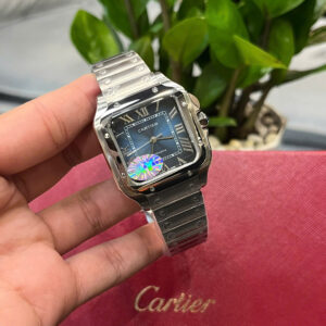Đồng hồ Cartier Santos nữ dây kim loại mặt xanh blue fake cao cấp 35mm