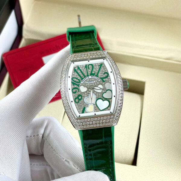 Đồng hồ Franck Muller V32 nữ xanh green đính full đá mặt trái tim fake cao cấp 36mm