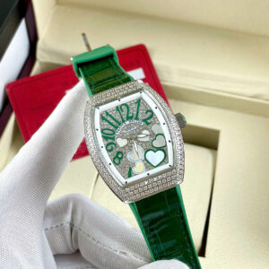 Đồng hồ Franck Muller V32 nữ xanh green đính full đá mặt trái tim fake cao cấp 36mm