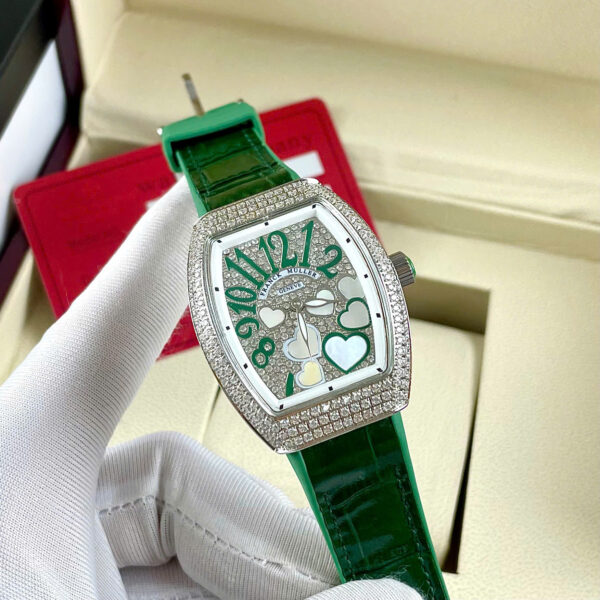 Đồng hồ Franck Muller V32 nữ xanh green đính full đá mặt trái tim fake cao cấp 36mm