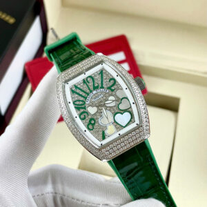 Đồng hồ Franck Muller V32 nữ xanh green đính full đá mặt trái tim fake cao cấp 36mm