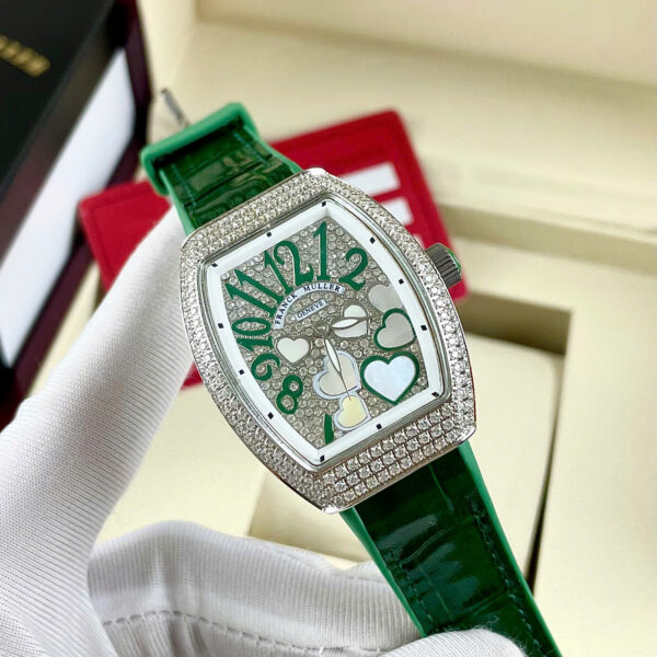Đồng hồ Franck Muller V32 nữ xanh green đính full đá mặt trái tim fake cao cấp 36mm
