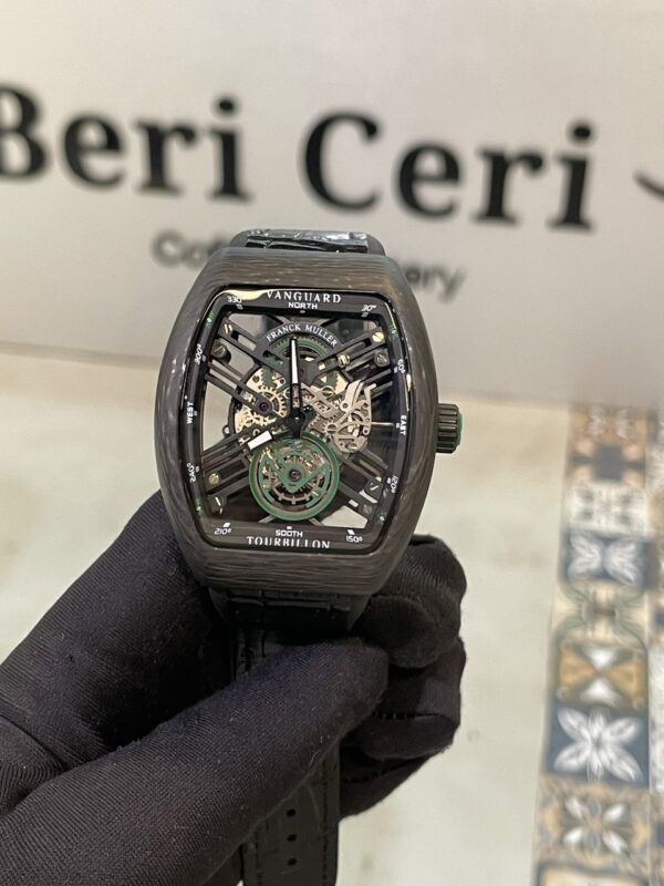 Đồng hồ Franck Muller V45 nam lộ cơ vỏ carbon siêu nhẹ xanh green fake11 45mm