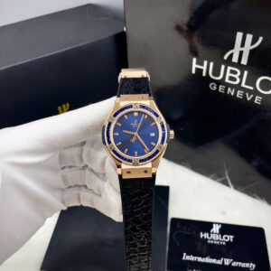 Đồng hồ Hublot Classic Fusion nữ king gold đính đá baguette xanh fake 11 34mm