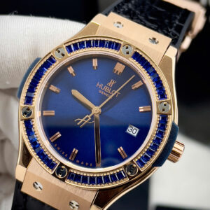Đồng hồ Hublot Classic Fusion nữ king gold đính đá baguette xanh fake 11 34mm