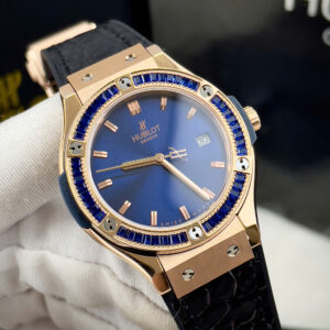 Đồng hồ Hublot Classic Fusion nữ king gold đính đá baguette xanh fake 11 34mm