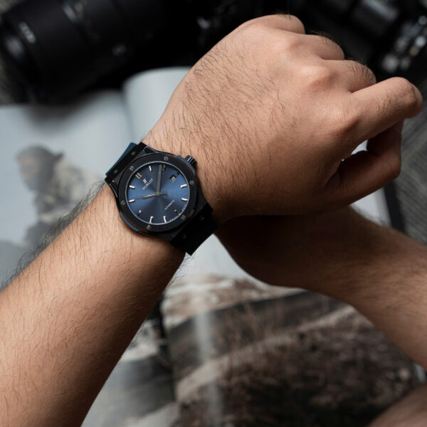 Đồng hồ Hublot Rep 11 Classic Fusion Ceramic gốm đen mặt xanh blue xưởng JJZ 42mm (5)