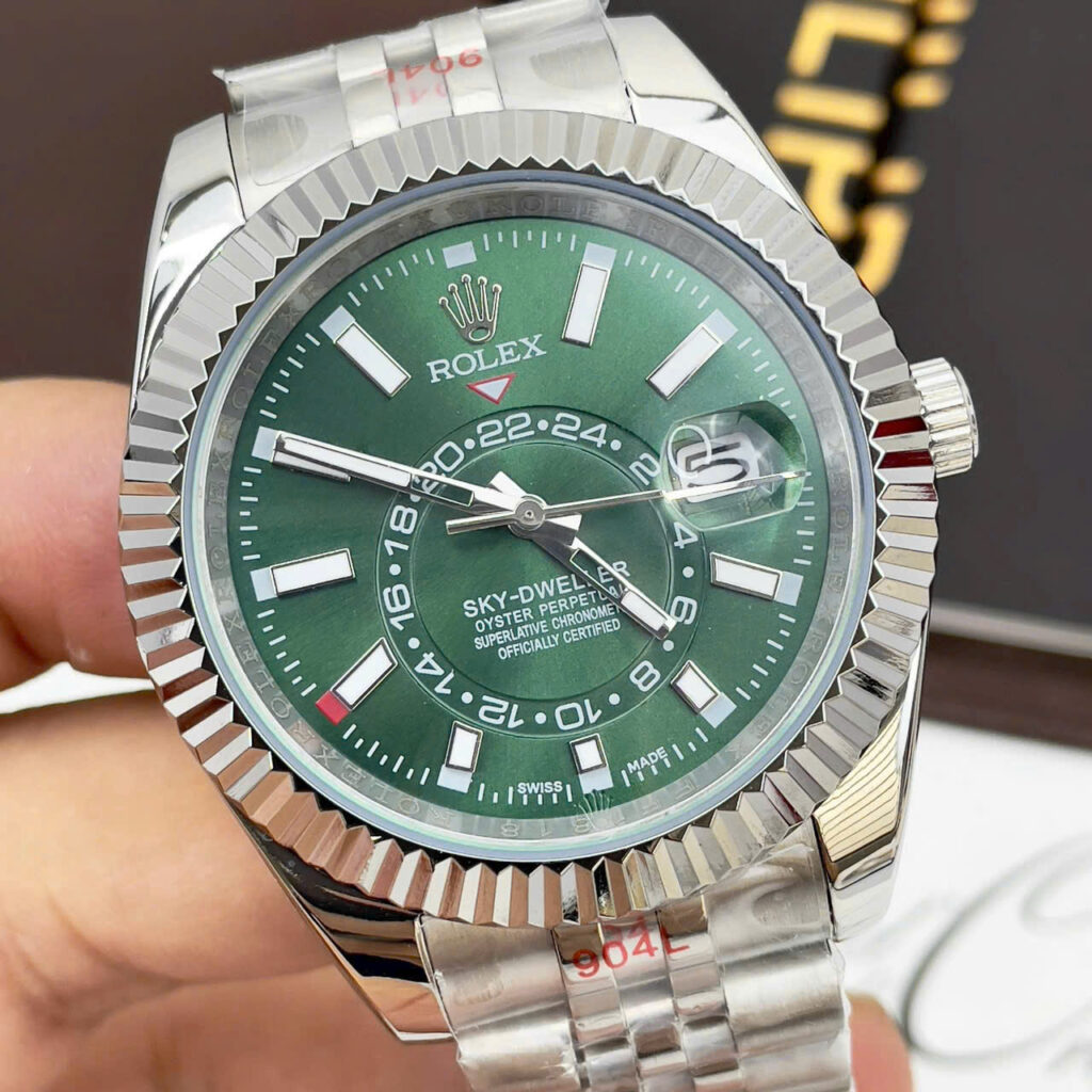 Đồng hồ Rolex Sky-Dweller nam dây kim loại mặt xanh lá fake cao cấp 40mm