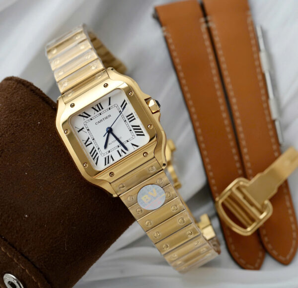 Đồng hồ Cartier Santos Rep 11 nữ mạ vàng mặt trắng nhà máy BV 35 (2)