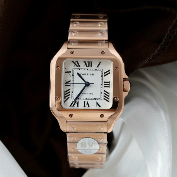 Đồng hồ Cartier Santos Replica 11 nữ mạ vàng hồng mặt trắng nhà máy BV 35 (2)