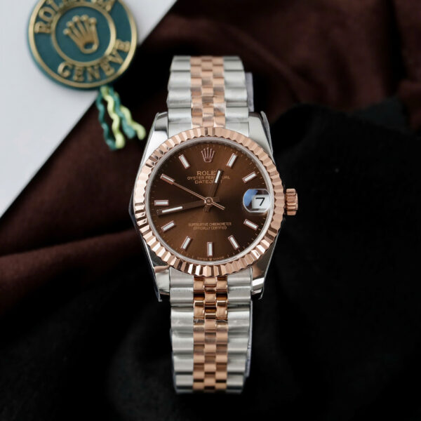 Đồng hồ Rolex DateJust Replica 11 nữ mặt nâu cọc số dạ quang nhà máy GS 31mm (2)