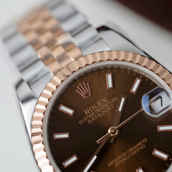 Đồng hồ Rolex DateJust Replica 11 nữ mặt nâu cọc số dạ quang nhà máy GS 31mm (2)