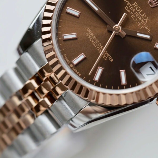 Đồng hồ Rolex DateJust Replica 11 nữ mặt nâu cọc số dạ quang nhà máy GS 31mm (2)
