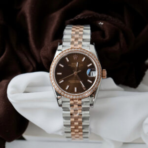 Đồng hồ Rolex DateJust nữ Fake 11 mặt nâu cọc số dạ quang viền đính đá 31mm (2)