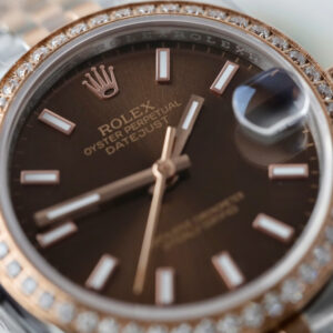 Đồng hồ Rolex DateJust nữ Fake 11 mặt nâu cọc số dạ quang viền đính đá 31mm (2)