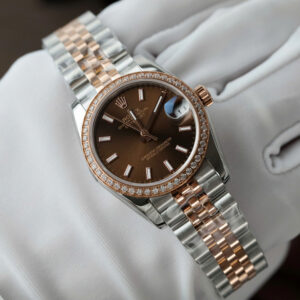 Đồng hồ Rolex DateJust nữ Fake 11 mặt nâu cọc số dạ quang viền đính đá 31mm (2)