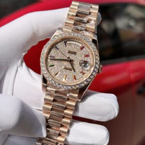 Đồng hồ Rolex Day-Date Replica 11 kim cương moissanite + bọc vàng hồng 18K xưởng GM 40mm (2)