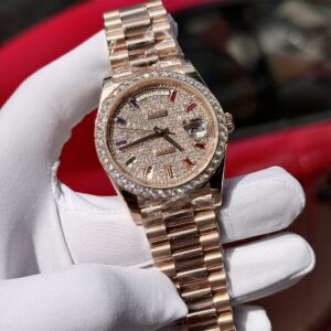 Đồng hồ Rolex Day-Date Replica 11 kim cương moissanite + bọc vàng hồng 18K xưởng GM 40mm (2)