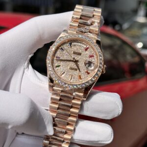 Đồng hồ Rolex Day-Date Replica 11 kim cương moissanite + bọc vàng hồng 18K xưởng GM 40mm (2)