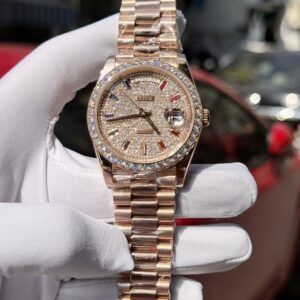 Đồng hồ Rolex Day-Date Replica 11 kim cương moissanite + bọc vàng hồng 18K xưởng GM 40mm (2)