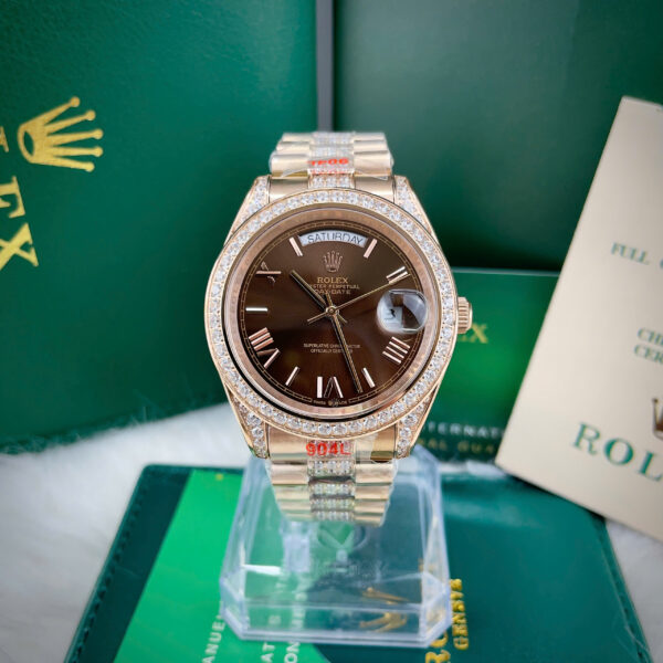 Đồng hồ Rolex Day - Date đính full đá mặt nâu chocolate fake cao cấp 37-41mm