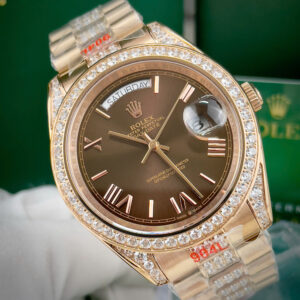 Đồng hồ Rolex Day - Date đính full đá mặt nâu chocolate fake cao cấp 37-41mm