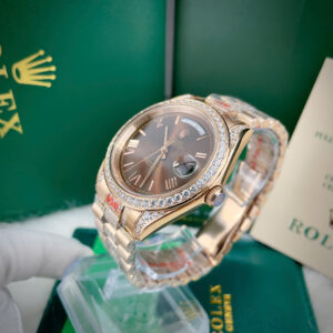 Đồng hồ Rolex Day - Date đính full đá mặt nâu chocolate fake cao cấp 37-41mm