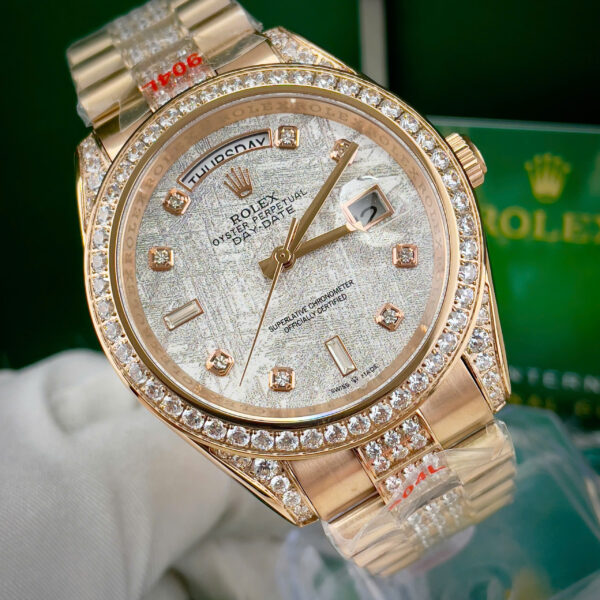 Đồng hồ Rolex Day - Date đính full đá mặt thiên thạch fake 11 máy cơ nhật 37-41mm