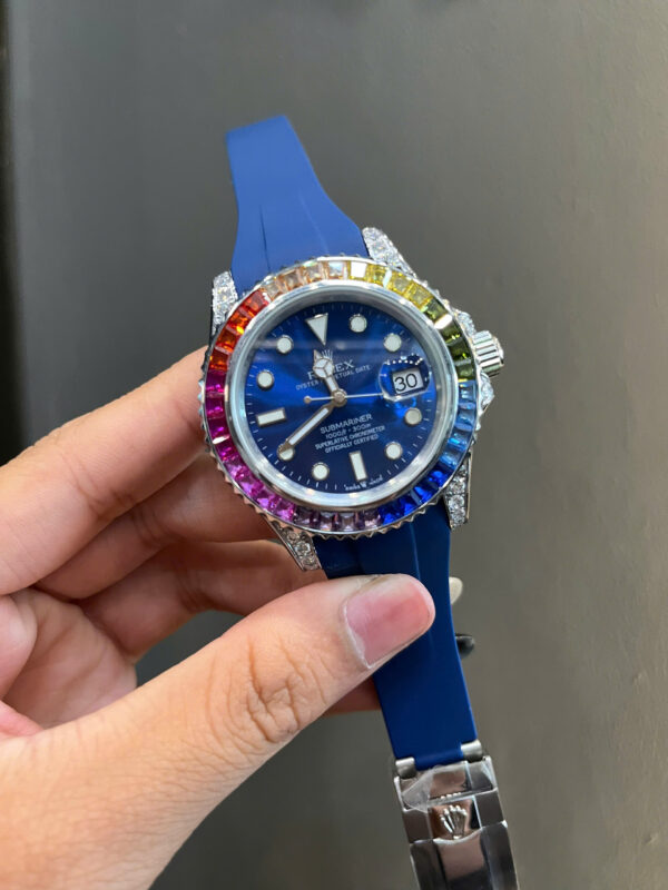 Đồng hồ Rolex nam Submariner xanh blue đính đá 7 màu fake 11 40mm