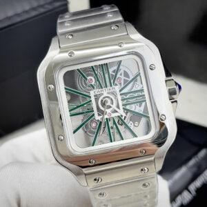 Đồng hồ Cartier Santos nam xanh green máy Pin nhật giả cơ fake 11 40mm