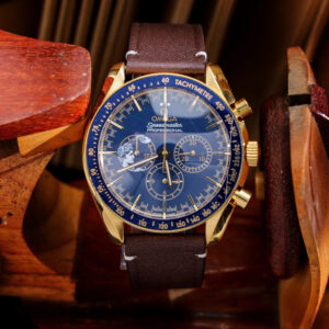 Đồng hồ Omega Speedmaster nam vàng gold dây da nâu fake cao cấp 43mm (1)