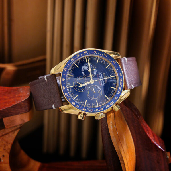 Đồng hồ Omega Speedmaster nam vàng gold dây da nâu fake cao cấp 43mm (1)